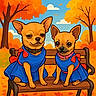 animal, autumn, background, bench, blue_dress, cartoon, chihuahua, cute, dog, fall_leaves, illustration, nature, orange_trees, outdoor, park, pet, playful, red_bow, seasonal, smiling