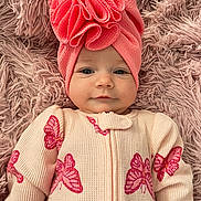 Mariana joined the competition — help win amazing prizes! baby, infant, pink_turban, butterfly_pattern, onesie, blanket, fluffy_texture, cute, smiling, portrait, child, cozy, soft, headwear, lying_down, closeup, skin, eyes, happy, fashion