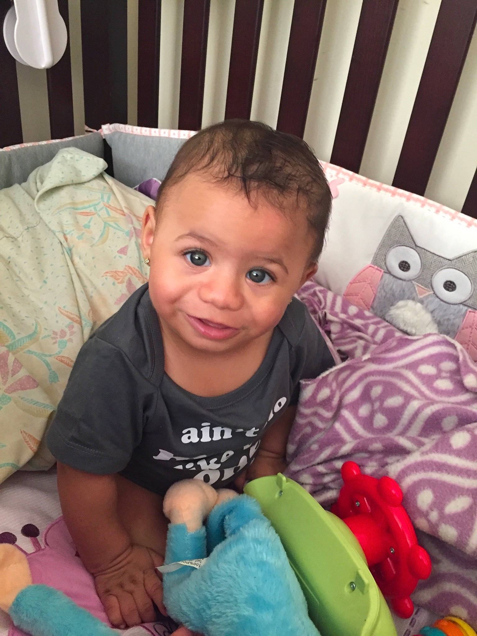 Imayah is registered to the contest to win money with this photo: baby, baby_products, baby_toys, bedtime, cheek, child, eye, furniture, head, iris, person, play, plush, product, room, sitting, skin, stuffed_toy, textile, toddler