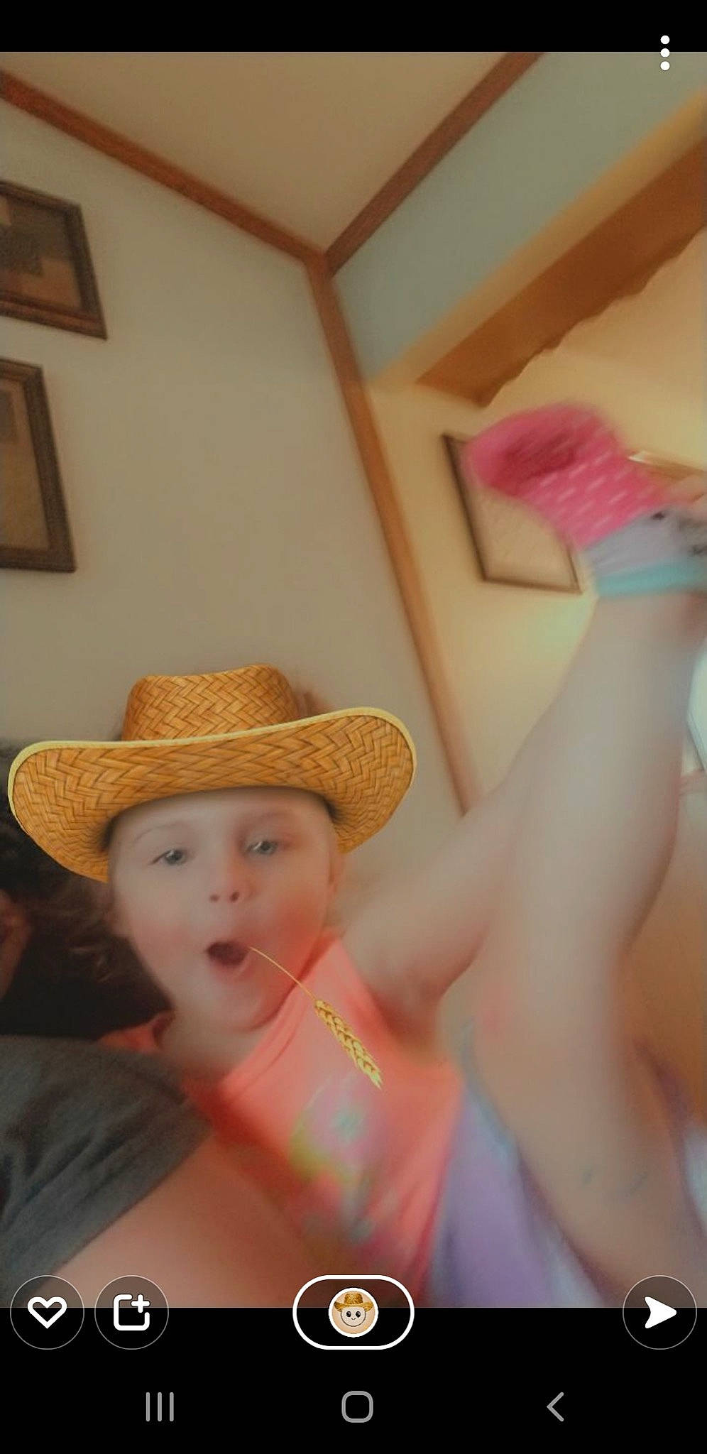 Hope is registered to the contest to win money with this photo: bathing, blond, ceiling, chest, child, cowboy_hat, fashion_accessory, fun, happy, hat, headgear, headwear, human_leg, leisure, person, picture_frame, room, sun_hat, thigh, toddler