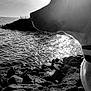 Kaya participe au concours pour gagner de l'argent avec cette photo : animal, black_and_white, calm, coast, dog, landscape, nature, outdoor, peaceful, pier, profile, reflection, rocks, sea, shoreline, silhouette, sky, sun, sunlight, water