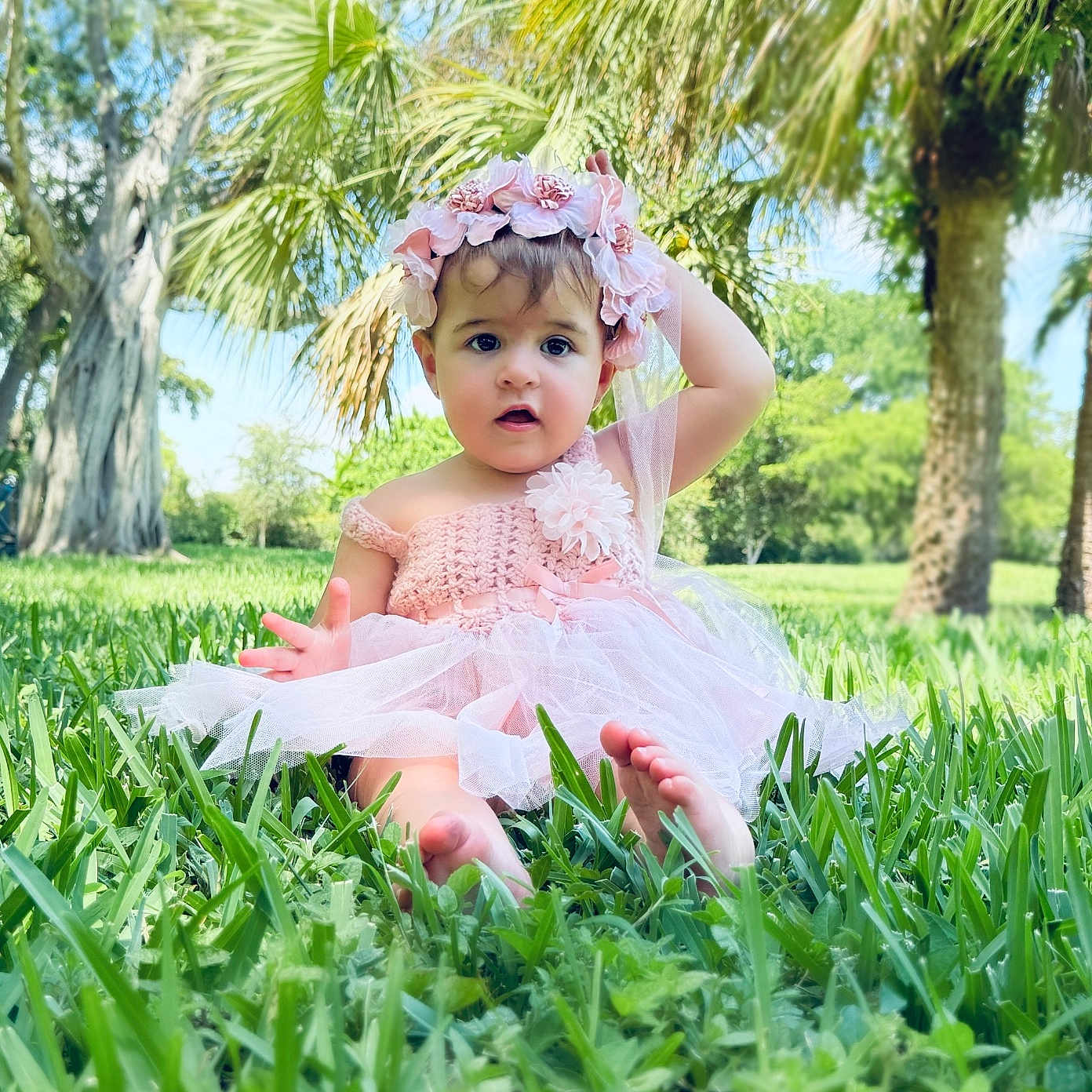 Mis Bas is registered to the contest to win money with this photo: baby, barefoot, child, curious, cute, dress, flower_crown, grass, greenery, headwear, nature, outdoor, palm_trees, person, pink, portrait, sitting, sunny_day, tutu, young_child
