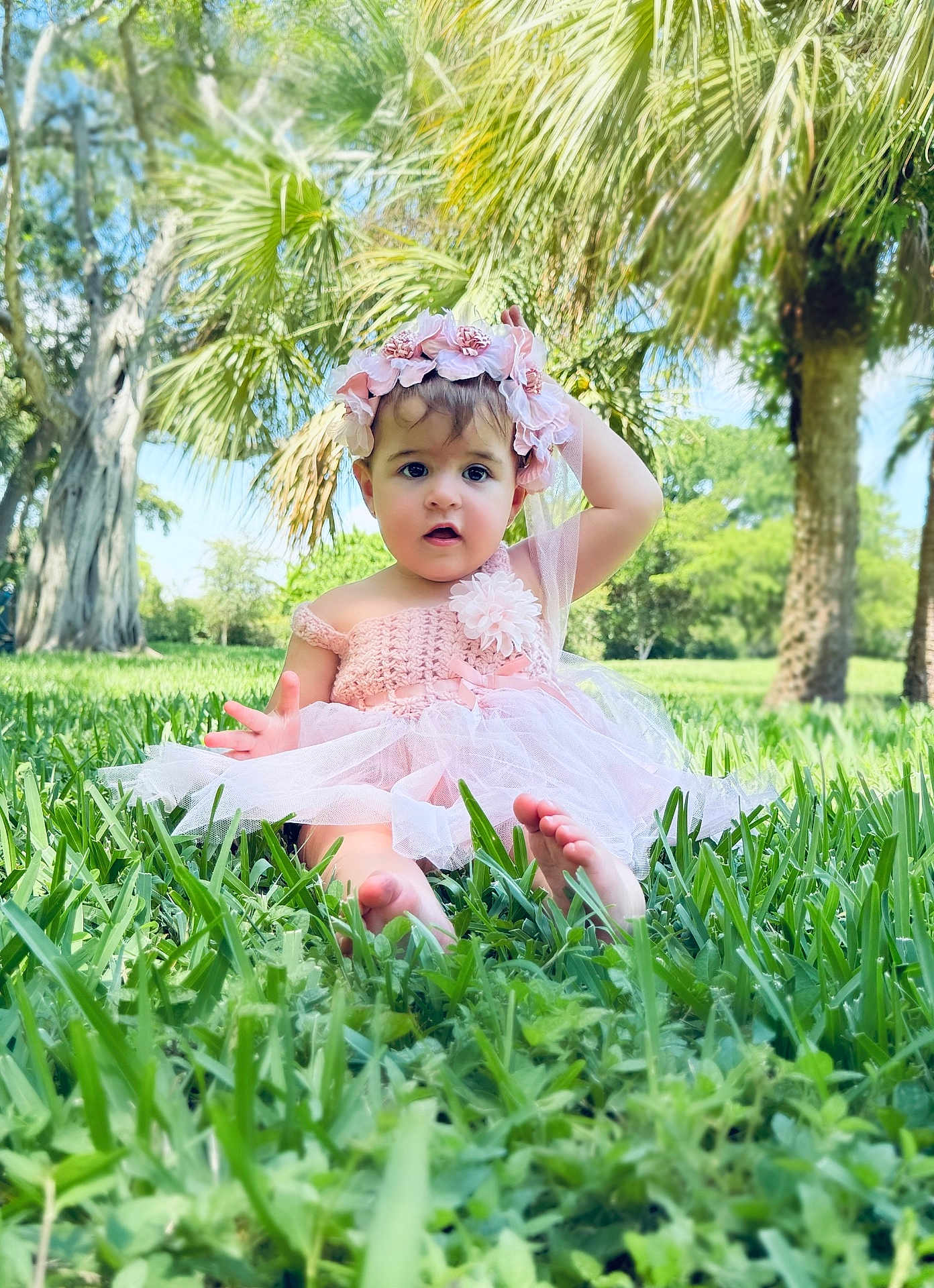 Mis Bas is registered to the contest to win money with this photo: baby, barefoot, child, curious, cute, dress, flower_crown, grass, greenery, headwear, nature, outdoor, palm_trees, person, pink, portrait, sitting, sunny_day, tutu, young_child