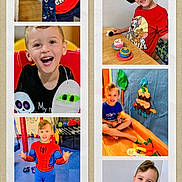 Rhyatt is registered to the contest to win money with this photo: child, boy, smiling, costume, spiderman, hat, tie, cake, table, indoor, play, happy, collage, scrapbook, ribbon, decoration, toy, party, celebration, portrait