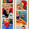 child, boy, smiling, costume, spiderman, hat, tie, cake, table, indoor, play, happy, collage, scrapbook, ribbon, decoration, toy, party, celebration, portrait