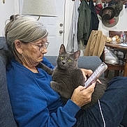 Velcro joined the competition — help win amazing prizes! bag, blue_sweater, coat_rack, couch, cozy, curious_cat, elderly_woman, glasses, gray_cat, hats, home, indoor, lamp, phone, portrait, reading, relaxed, sitting, table, water_bottle