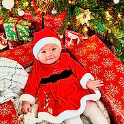 Isla is registered to the contest to win money with this photo: accessories, baby, cap, christmas, christmasdecorations, clothing, costume, couch, face, festival, furniture, hat, head, lighting, person, photography, plant, portrait, quilt, tree