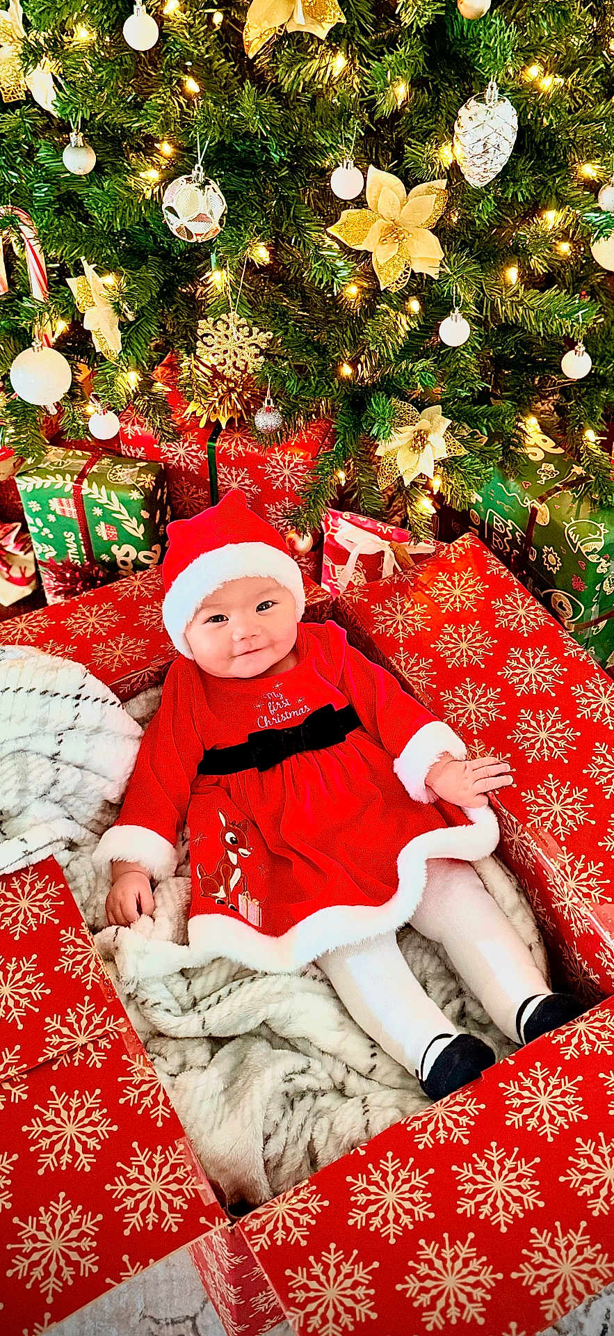Isla is registered to the contest to win money with this photo: accessories, baby, cap, christmas, christmasdecorations, clothing, costume, couch, face, festival, furniture, hat, head, lighting, person, photography, plant, portrait, quilt, tree
