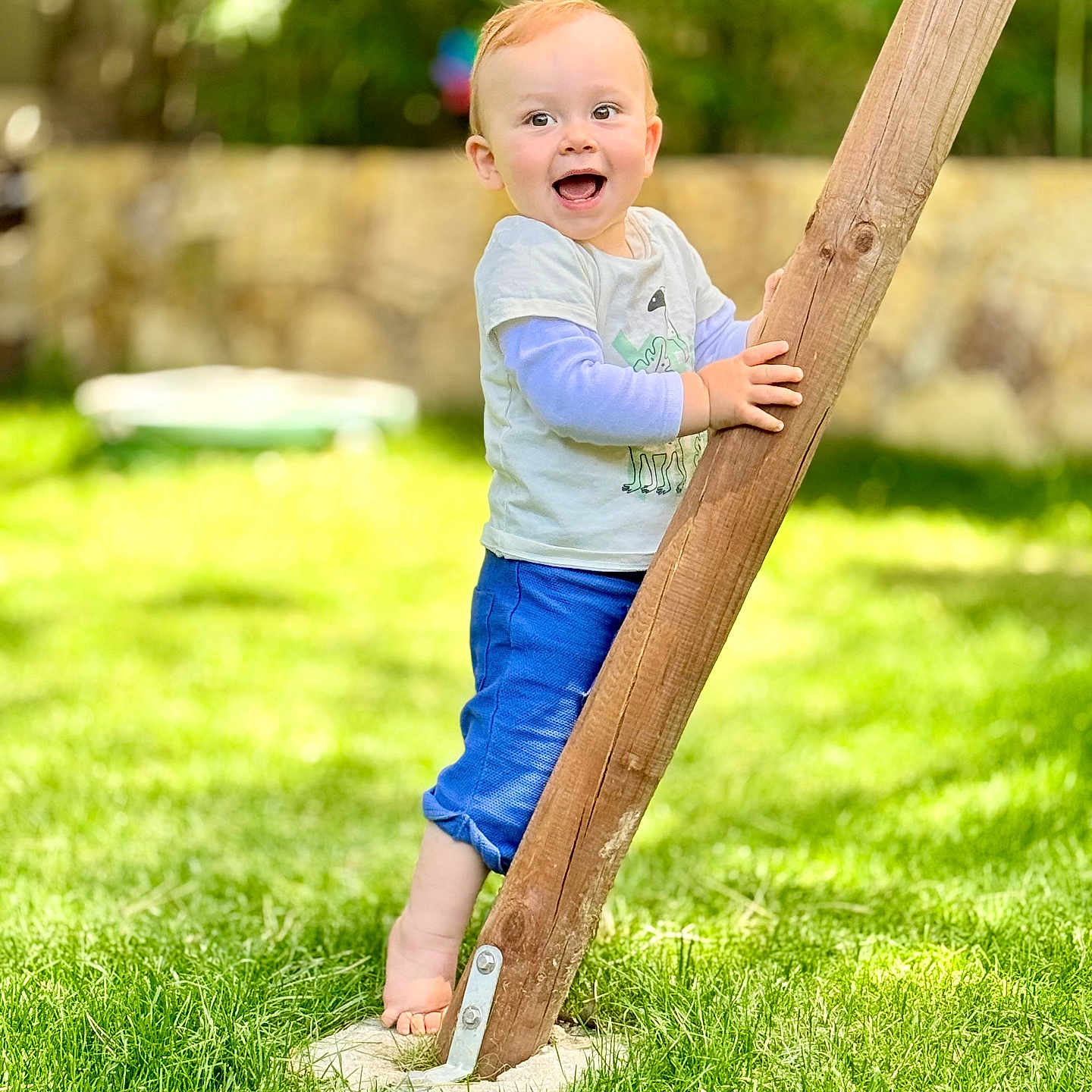 Jules a rejoint le concours — aidez-le/la à gagner de superbes lots ! barefoot, blue_pants, casual_clothing, child, daylight, grass, greenery, happy, lawn, nature, outdoor, person, playful, portrait, smiling, sunlight, toddler, white_shirt, wooden_pole, young_child