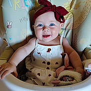 Lilwenn participe au concours pour gagner de l'argent avec cette photo : baby, child, high_chair, headband, blue_eyes, smiling, dress, heart_pattern, toy, soft_toy, indoor, person, infant, cute, happy, seated, baby_clothing, face, portrait, decorative_background