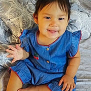 Rebecca joined the competition — help win amazing prizes! toddler, child, smiling, blue_dress, bed, pillow, pacifier, hair_bows, indoors, cute, happy, sitting, person, baby, patterned_bedspread, hand_raised, face, skin, foot, hair