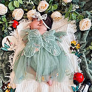 Mary is registered to the contest to win money with this photo: baby, infant, fairy_wings, green_dress, headband, blanket, flowers, roses, leaves, toys, ladybug, butterfly, soft_texture, sleeping, cute, decor, nature_theme, laying_down, white_blanket, peaceful