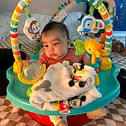 Bodoquito is registered to the contest to win money with this photo: baby, infant, activity_center, play_gym, toy, colorful, blanket, plush_toy, monkey_toy, elephant_toy, seat, socks, tray, indoor, window, curtain, portrait, cute, child, home