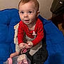 baby, child, red_shirt, blue_cushion, bottle, hair_accessories, sitting, indoors, curious, face, eyes, hands, foot, clothing, plastic_container, wooden_floor, wall, pacifier_clip, expression, person