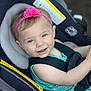 baby, baby_girl, blue_eyes, car_seat, child, child_seat, closeup, cute, happy, headband, indoor, infant, person, pink_flower, portrait, safety, seatbelt, smiling, teal_outfit, young_child