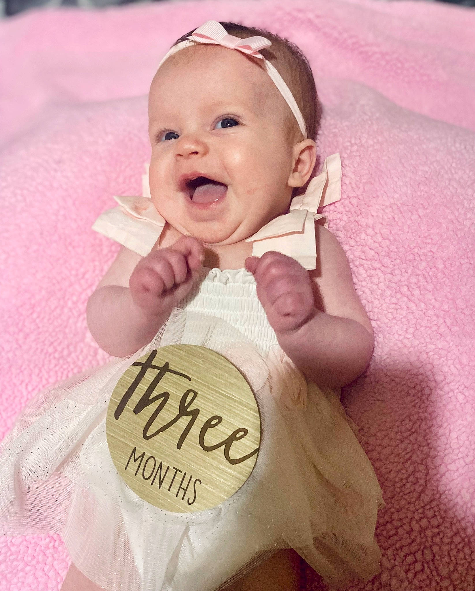 Aubree joined the competition — help win amazing prizes! baby, baby_laughing, baby_toddler_clothing, cheek, child, dress, finger, fun, gesture, happy, linens, person, pink, skin, sleeve, smile, sweetness, t_shirt, textile, thumb