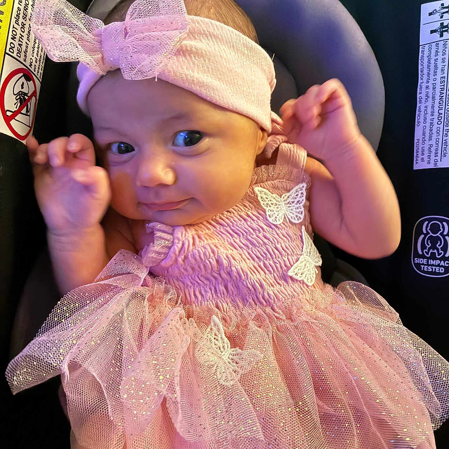 Perscilla joined the competition — help win amazing prizes! adorable, baby, butterfly, car_seat, child, clothing, cute, expression, face, hands, headband, indoor, infant, newborn, pink_dress, portrait, safety_warning, seat, smiling, tutu