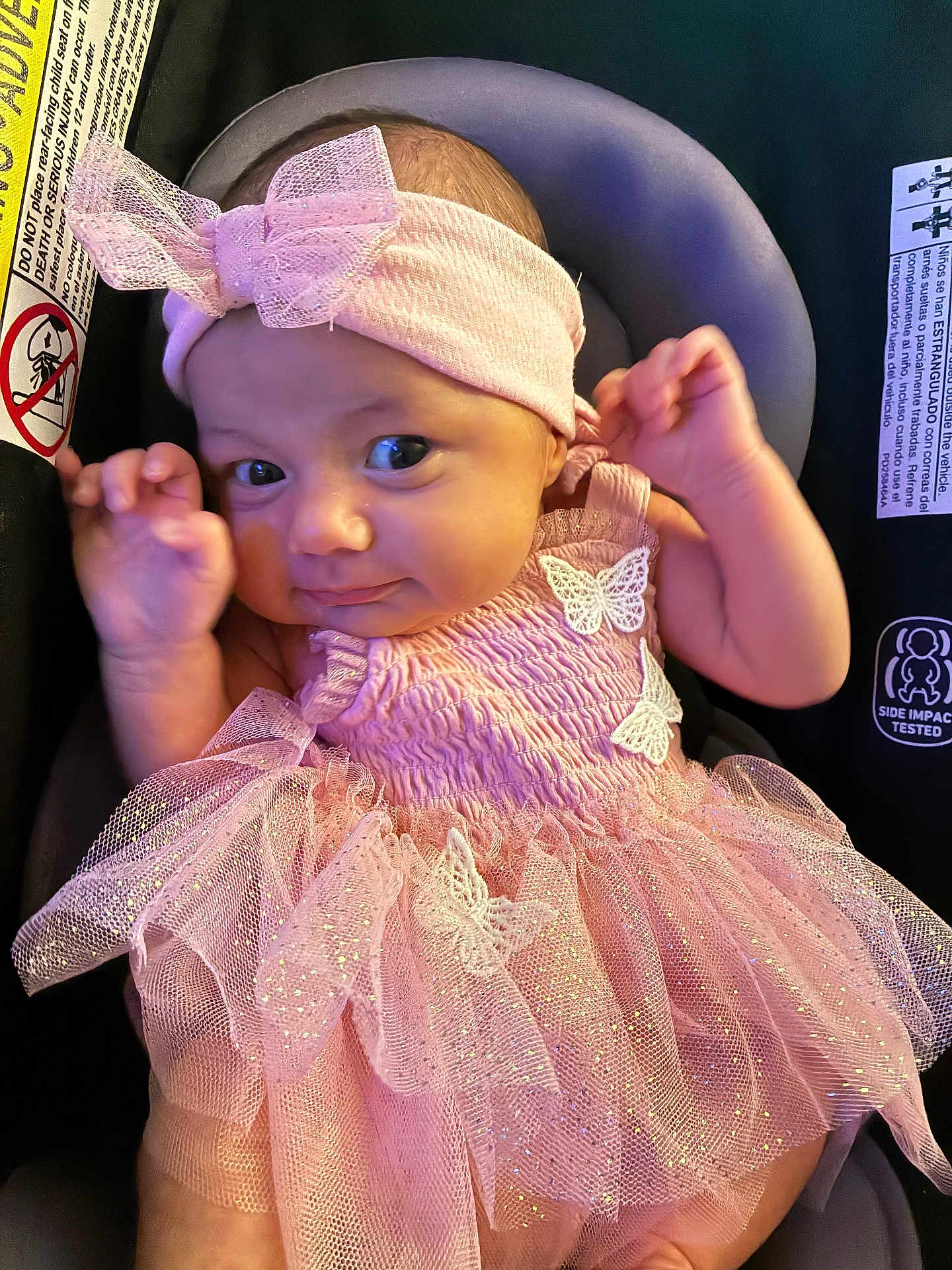 Perscilla joined the competition — help win amazing prizes! baby, infant, pink_dress, headband, car_seat, tutu, butterfly, cute, child, newborn, adorable, clothing, seat, safety_warning, portrait, smiling, hands, face, expression, indoor