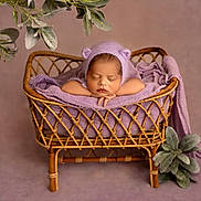 Ahaan is registered to the contest to win money with this photo: newborn, baby, infant, hat, knit_hat, wicker_cradle, purple, lavender, sleeping, peaceful, resting, blanket, soft_fabric, plant, green_leaves, cozy, portrait, cute, child, studio