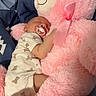 baby, sleeping, pacifier, teddy_bear, pink, plush, soft, cuddle, blanket, bed, infant, cute, child, comfort, toy, one_person, indoors, peaceful, rest, sleepwear