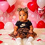 baby, child, girl, balloons, heart_shaped, pink, red, white, headband, leopard_print, nike, skirt, socks, fluffy_rug, rose_petals, portrait, indoor, cute, soft_lighting, bokeh