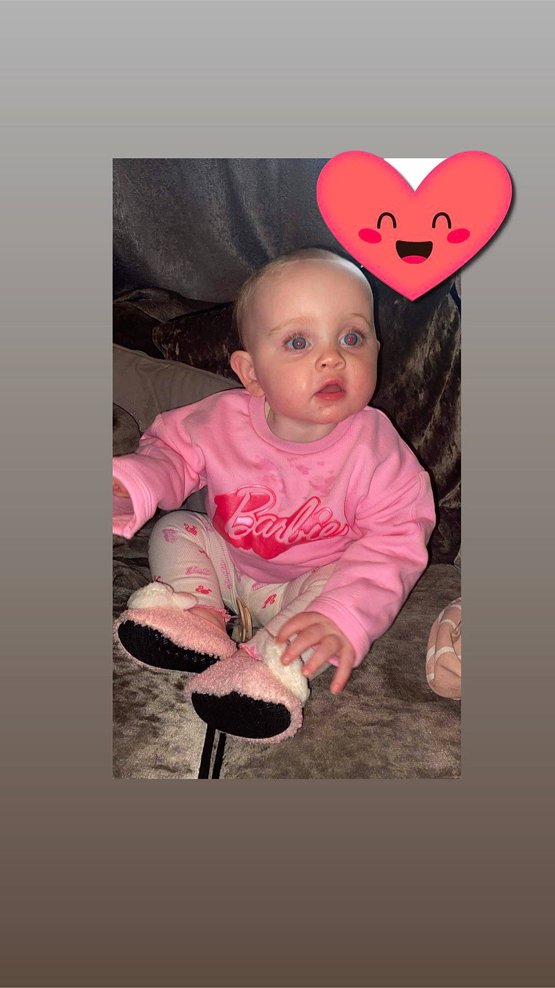 Arabella is registered to the contest to win money with this photo: baby, baby_toddler_clothing, cheek, child, design, eye, flash_photography, font, happy, magenta, pattern, person, picture_frame, pink, portrait_photography, room, sitting, sleeve, sock, surprise