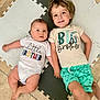 baby, child, siblings, brother, onesie, tshirt, smiling, floor, foam_mat, playmat, cute, happy, indoor, portrait, two_children, casual_clothing, barefoot, young_kids, family, laying_down