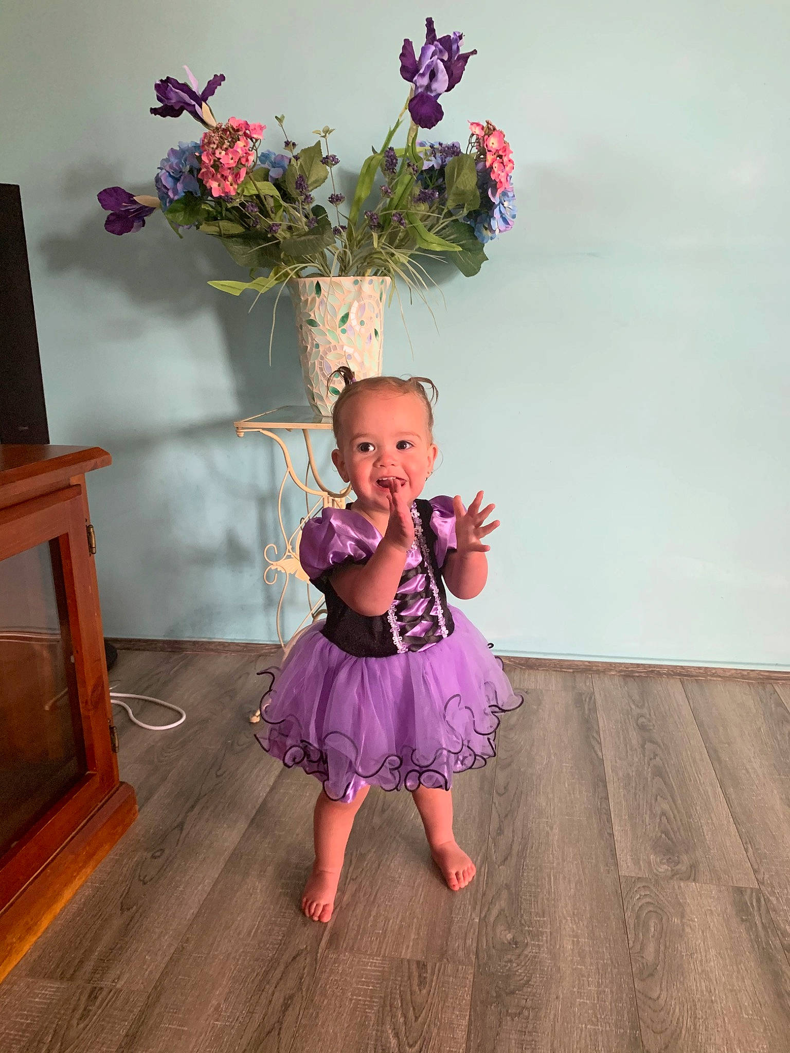 Kyrah is registered to the contest to win money with this photo: baby_toddler_clothing, child, costume, dress, fashion_accessory, floor, flooring, flower, flower_girl, footwear, hair_accessory, person, petal, pink, plant, purple, room, shoulder, toddler
