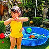 Angelina joined the competition — help win amazing prizes! backyard, barefoot, buddha_statue, bushes, child, daytime, garden, grass, greenery, kiddie_pool, nature, outdoor, person, play, summer, sunlight, toys, water_toy, yellow_swimsuit, young_child