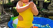 Angelina joined the competition — help win amazing prizes! barefoot, beach_ball, child, clapping, daylight, flowers, garden, girl, grass, happy, kiddie_pool, nature, outdoor, plants, playing, smiling, summer, sunlight, water_toy, yellow_swimsuit