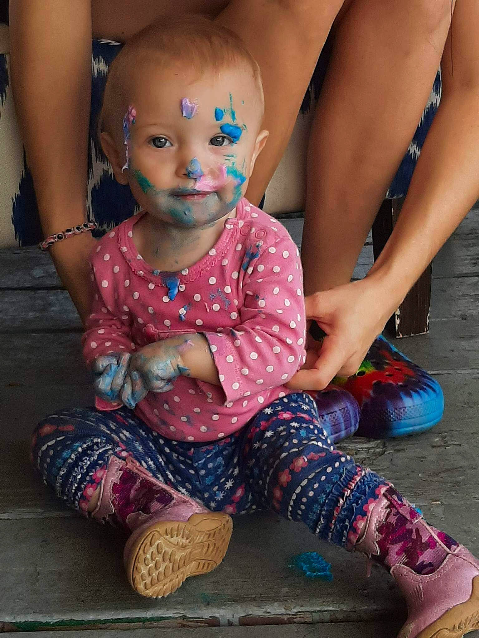 Skylar joined the competition — help win amazing prizes! baby, baby_toddler_clothing, cheek, child, dress, finger, flooring, foot, fun, happy, head, human_body, human_leg, joint, person, pink, sitting, skin, standing, thigh