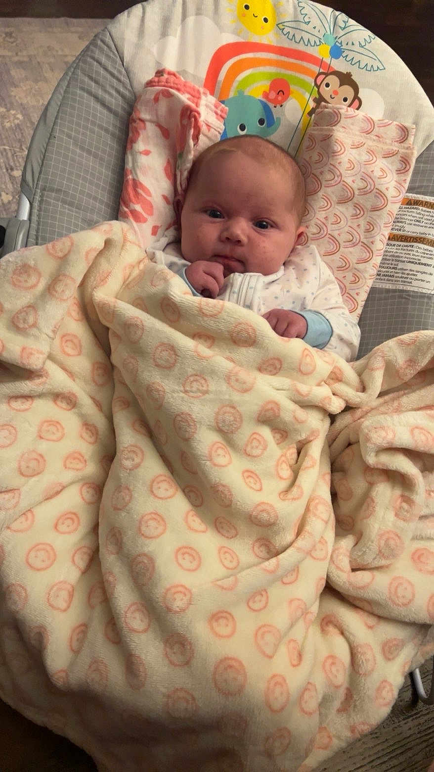 Violet joined the competition — help win amazing prizes! baby, infant, blanket, baby_seat, bouncer, face, eyes, hand, onesie, pattern, smile, cozy, nursery, toy_monkey, rainbow, elephant, pillow, fabric, home_interior, portrait