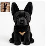 dog, black_dog, heart_shaped_mark, plush_toy, digital_rendering, pet, animal, cute, sitting, ears_up, white_background, floor, tiled_floor, looking_up, indoor, portrait, young_dog, small_dog, companion, adorable