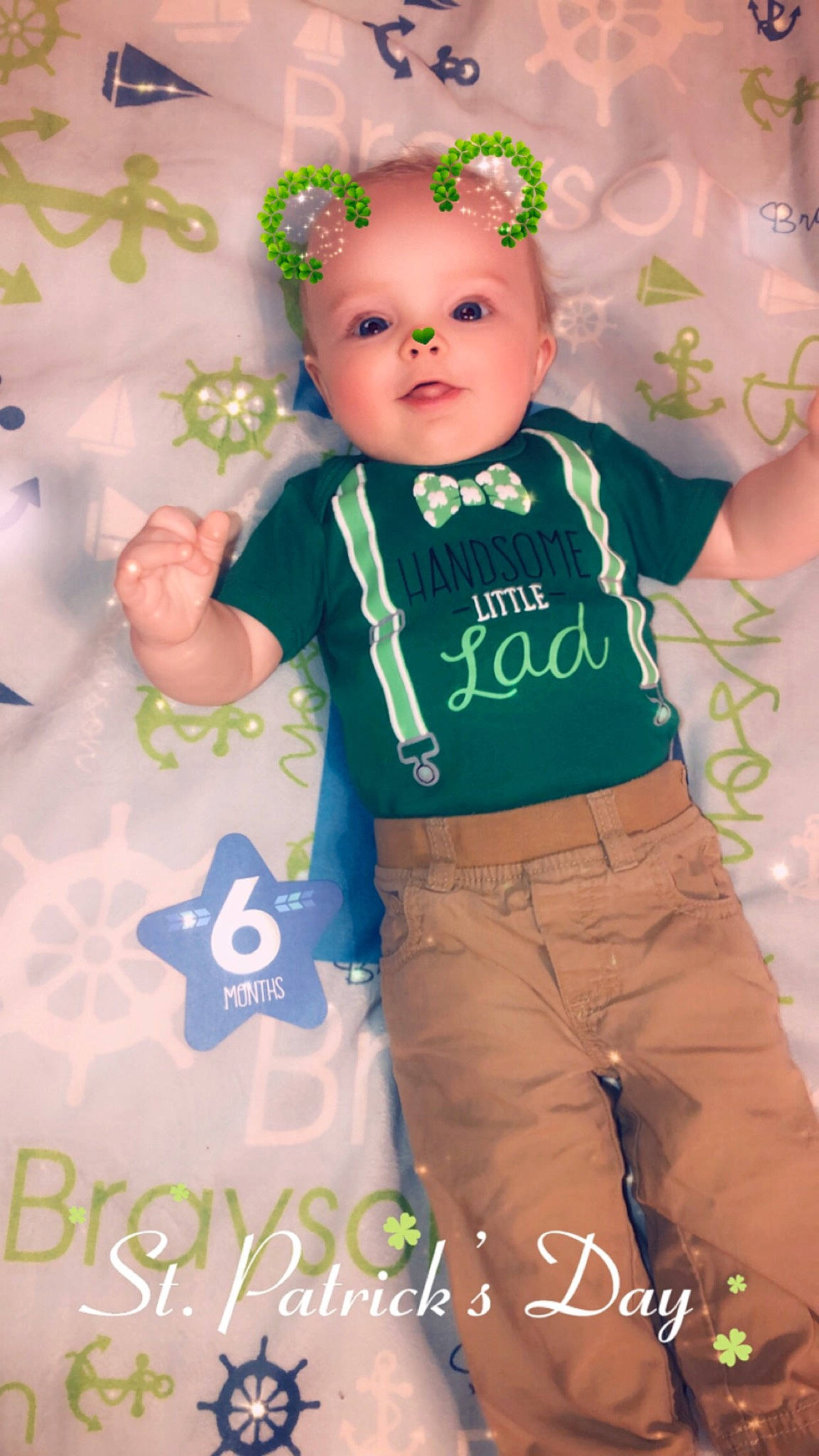 Brayson joined the competition — help win amazing prizes! baby, baby_toddler_clothing, child, green, happy, pattern, person, product, sleeve, smile, t_shirt, toddler