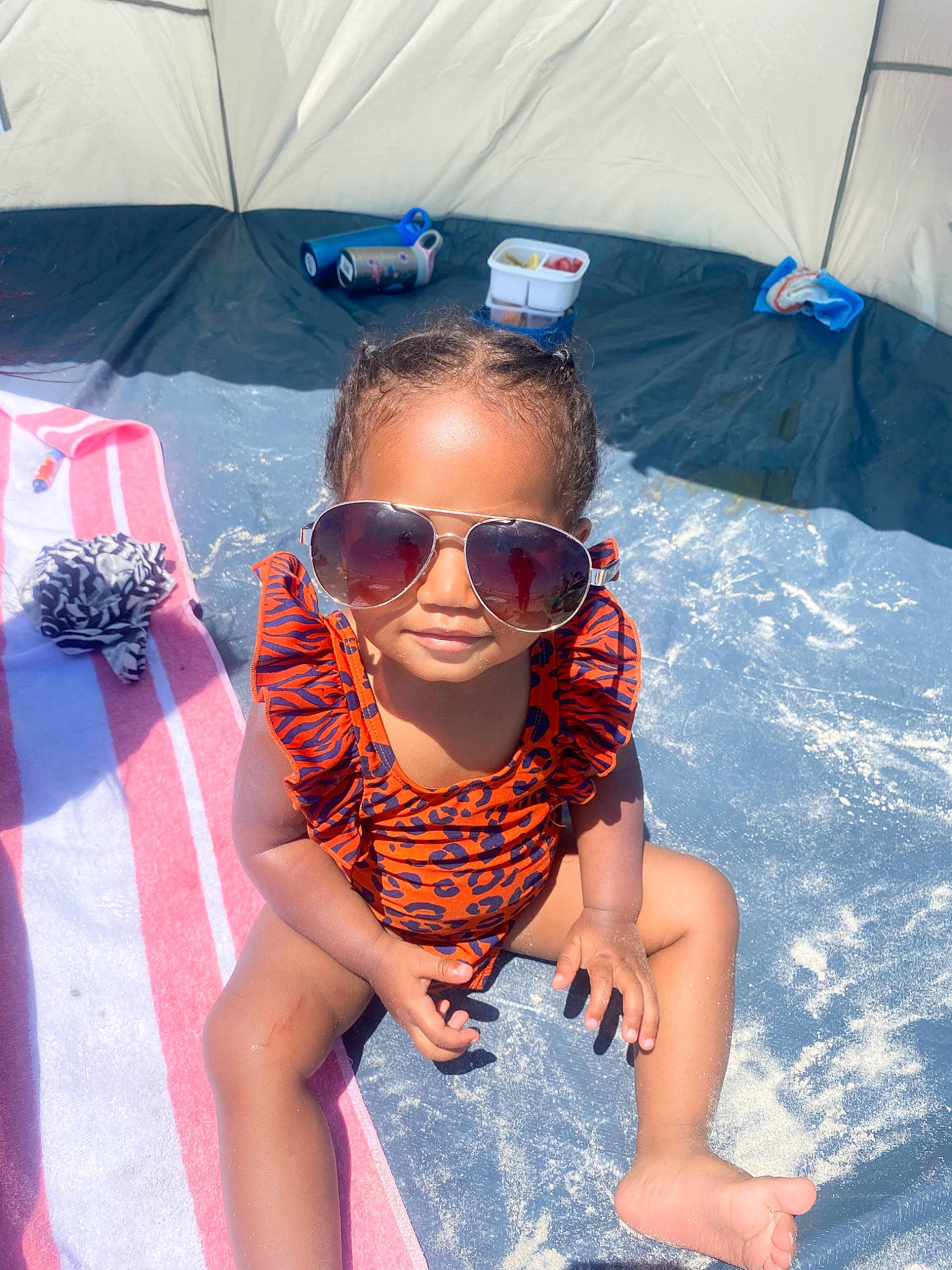 Ava joined the competition — help win amazing prizes! azure, blue, cool, daytime, electric_blue, eyewear, flooring, foot, fun, goggles, happy, leisure, pattern, people, person, recreation, summer, sunglasses, thigh, travel