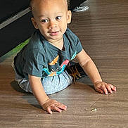 Zion joined the competition — help win amazing prizes! toddler, child, crawling, indoor, floor, wooden_floor, tshirt, pants, baby, person, small_child, cute, playful, curious, young_child, casual_clothing, human, head, hands, smiling