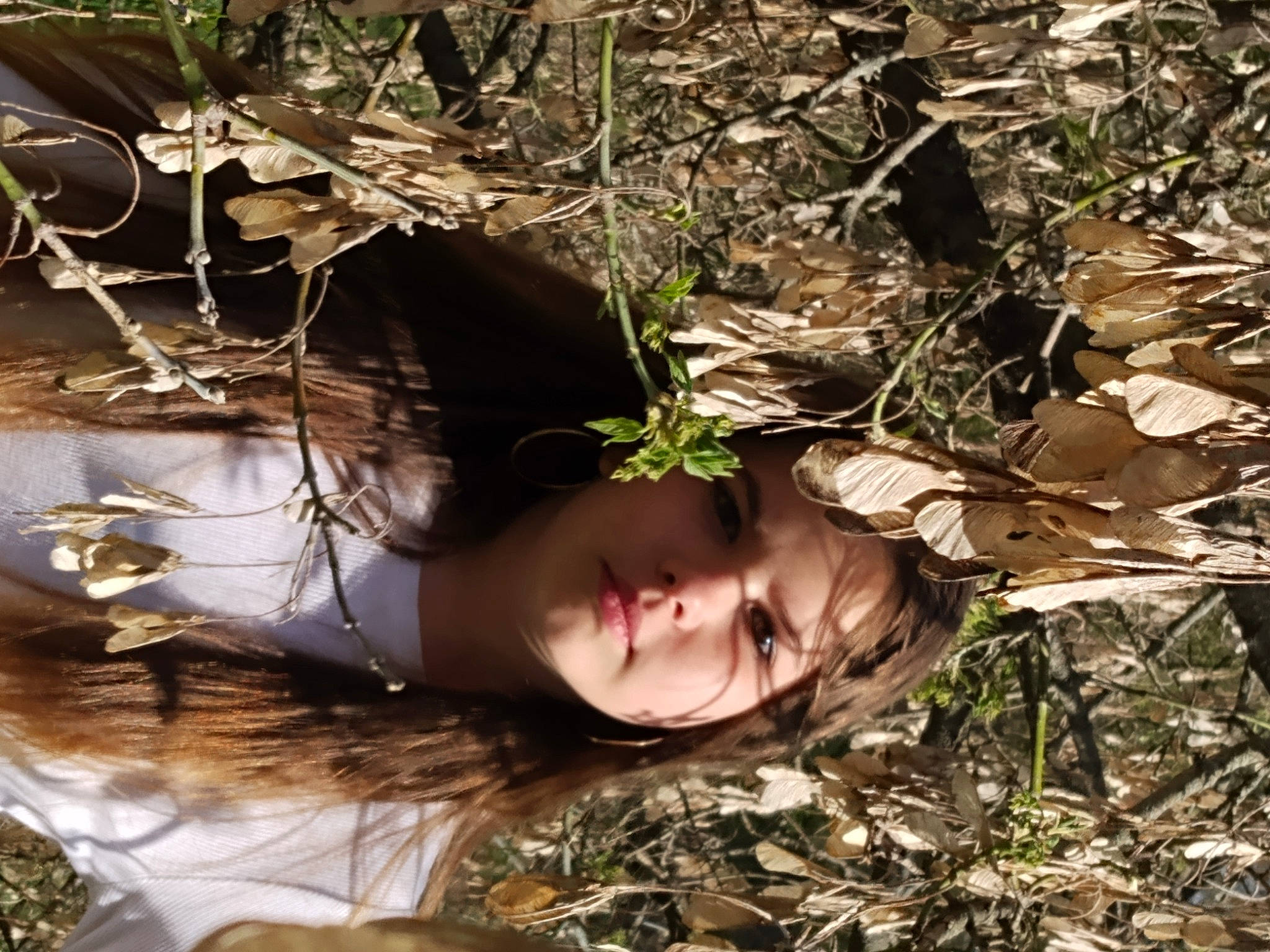 Melia is registered to the contest to win money with this photo: brown_hair, fawn, forest, fur, grass, happy, people_in_nature, person, plant, portrait_photography, soil, twig, wood