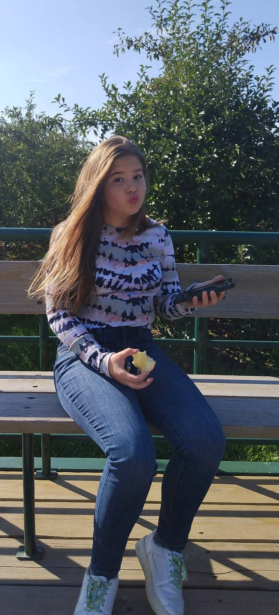 Melia joined the competition — help win amazing prizes! blond, brown_hair, denim, electric_blue, eyewear, grass, human_leg, jeans, knee, leg, leisure, lip, long_hair, pattern, person, sleeve, sunglasses, t_shirt, thigh, waist