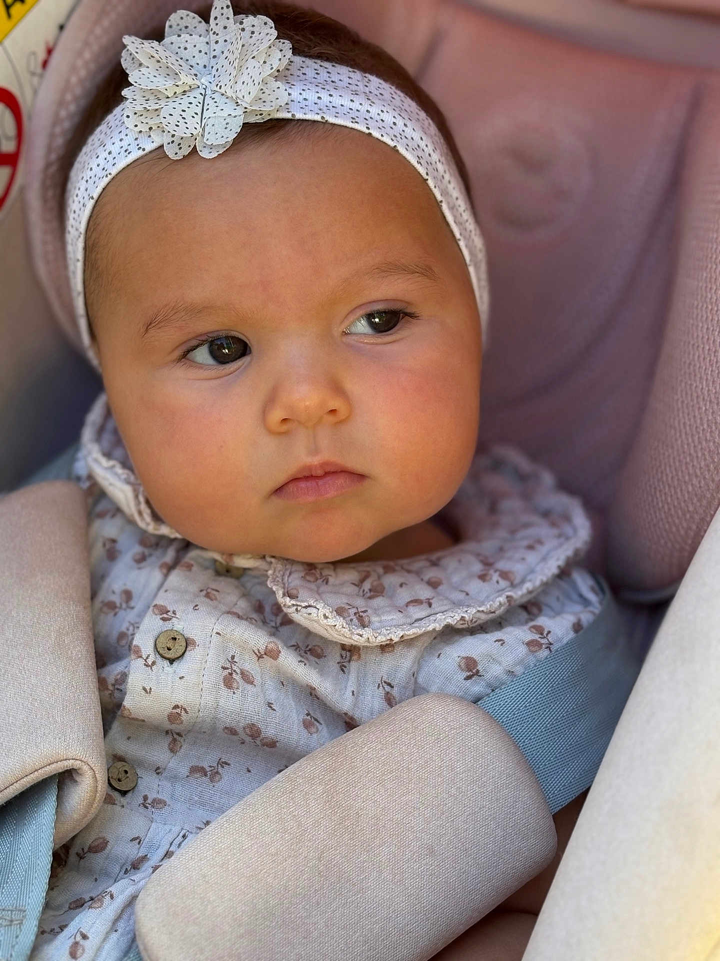 Lesia a rejoint le concours — aidez-le/la à gagner de superbes lots ! baby, child, headband, flower, car_seat, seatbelt, clothing, face, portrait, infant, cute, young_child, serene, closeup, soft_lighting, patterned_clothing, comfort, indoors, person, baby_girl