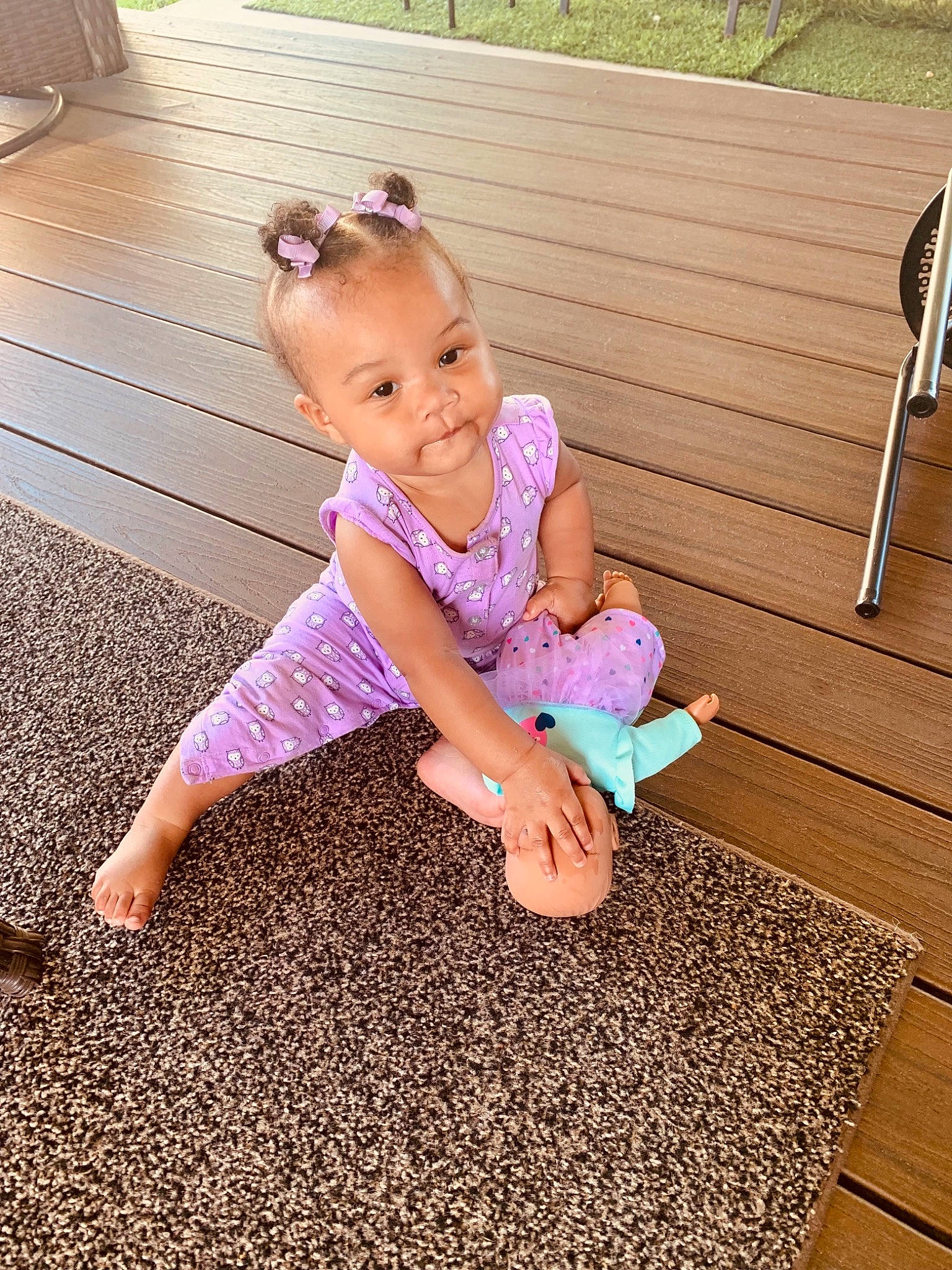Kamari joined the competition — help win amazing prizes! baby, baby_toddler_clothing, barefoot, dress, eye, finger, floor, flooring, fun, grass, happy, hardwood, magenta, people_in_nature, person, pink, product, sleeve, smile, toddler