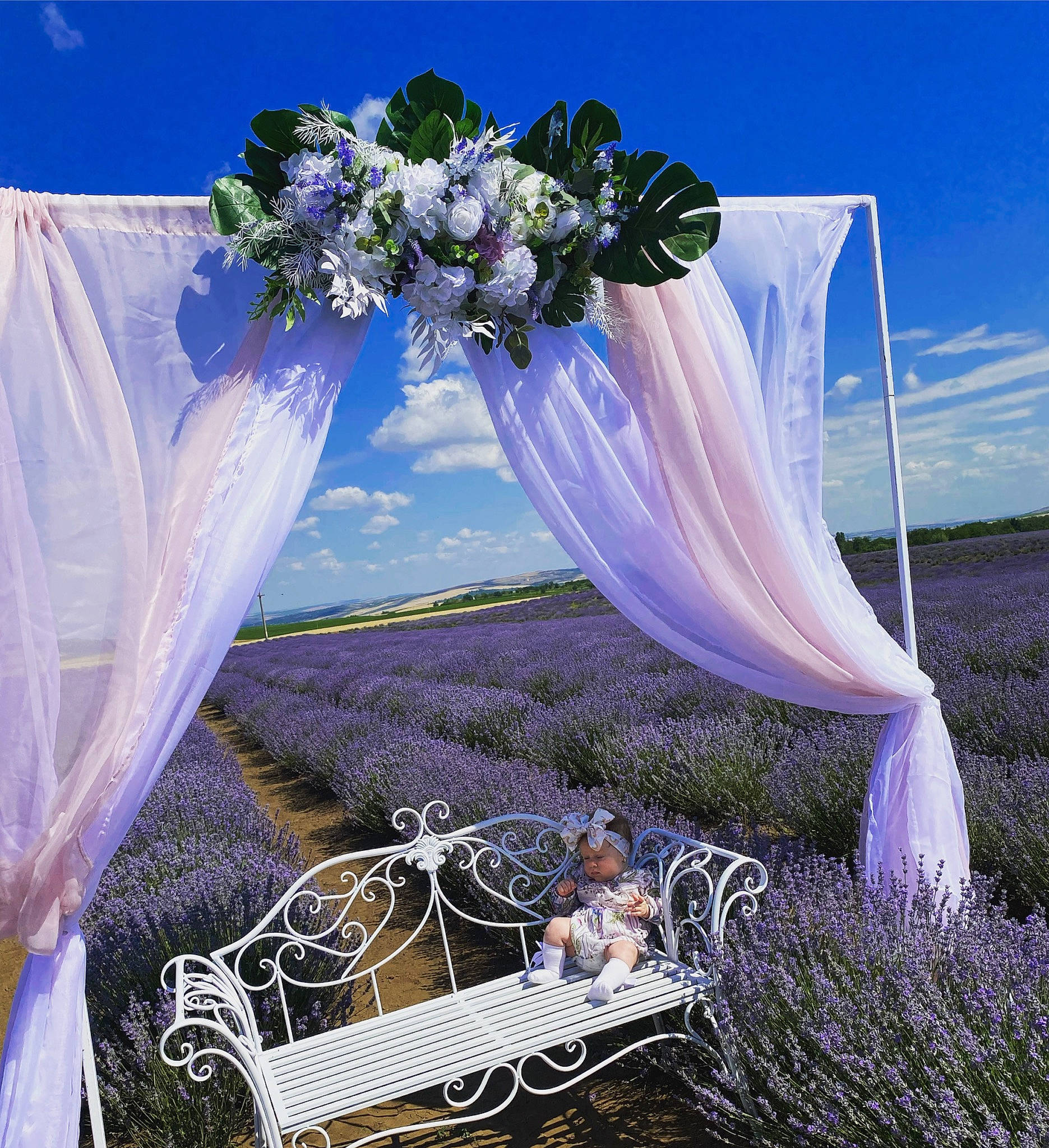 Eva is registered to the contest to win money with this photo: bridal_accessory, cut_flowers, decoration, event, fashion_accessory, floral_design, flower, flower_arranging, formal_wear, grass, grassland, headwear, landscape, person, petal, plant, pole, purple, sky, tire