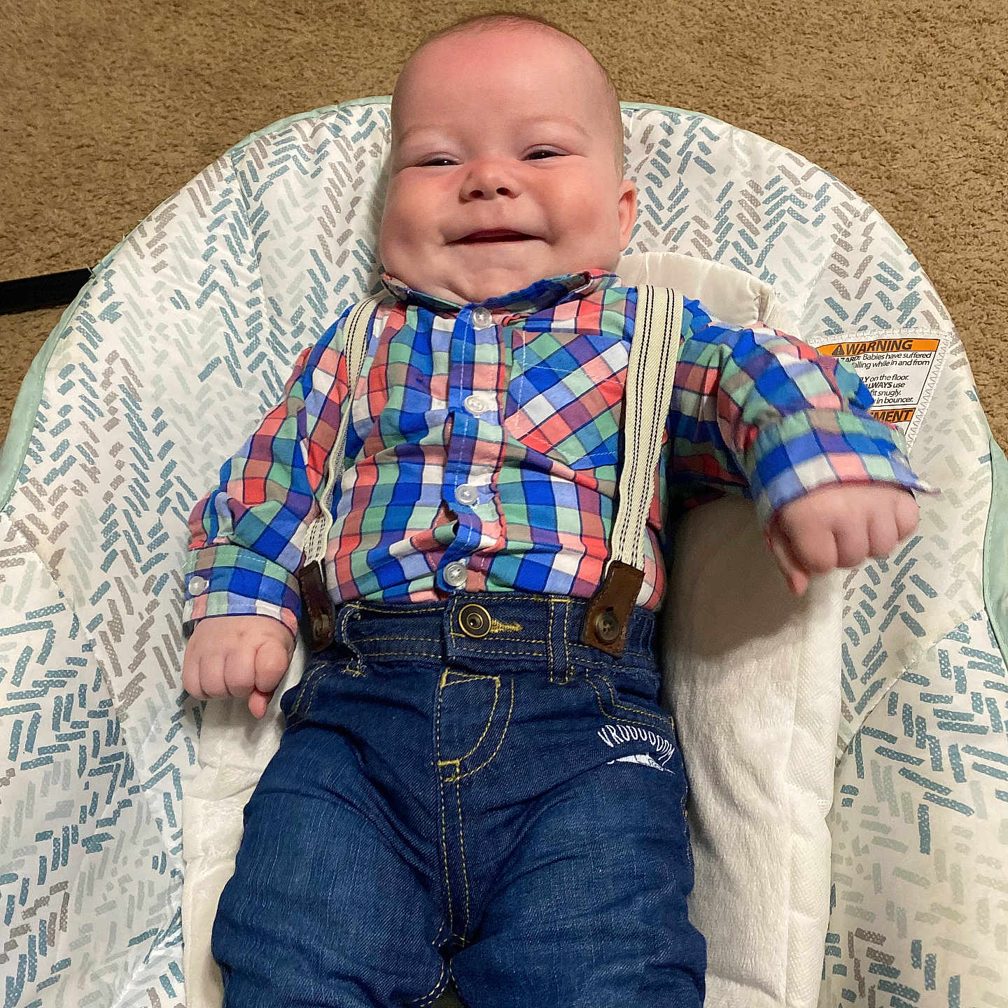 Asher is registered to the contest to win money with this photo: accessories, baby, chair, clothing, coat, couch, cushion, face, furniture, head, homedecor, jeans, newborn, pants, person, photography, portrait, shirt, sleeping, suspenders