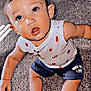 baby, child, carpet, indoor, sitting, curious, face, expression, shorts, sleeveless_shirt, stars, popsicle_pattern, feet, hands, person, furniture, black_leg, skin, looking_up, young