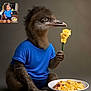 child, bird_head, blue_shirt, flower, bowl, food, surreal, fantasy, portrait, sitting, curly_hair, plate, yellow_flower, indoor, cute, imaginative, animal_hybrid, human_body, closeup, soft_lighting