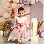toddler, child, birthday, dress, balloons, number_one, barefoot, pink, white, lace, celebration, party, decorations, floral, floor, smiling, indoors, cute, portrait, young