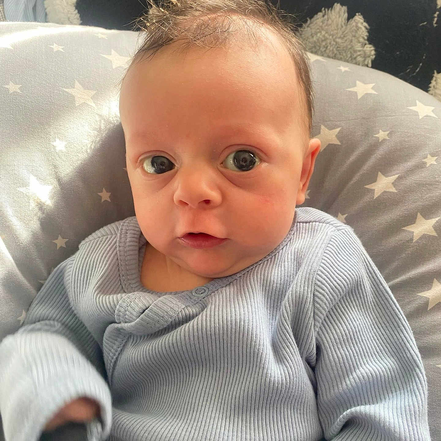 Jake is registered to the contest to win money with this photo: baby, blonde, brownhair, clothing, face, hair, happy, head, mohawkhairstyle, person, photography, portrait, sitting, sleeve, smile