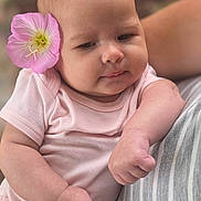 Skylar joined the competition — help win amazing prizes! arm, baby, blurred_background, candid, cute, ear, face, flower, hand, head, infant, nature, outdoor, person, pink_onesie, portrait, relaxed, resting, skin, striped_shirt