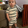 carpet, casual, child, curious, cute, expression, face, furniture, home, indoor, living_room, person, plush_toy, poster, socks, sofa, standing, striped_clothing, toddler, young_child