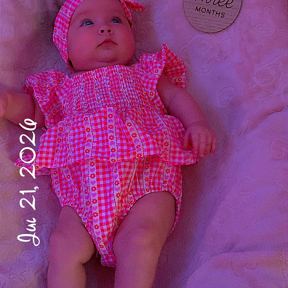Freija joined the competition — help win amazing prizes! baby, infant, pink_clothing, headband, blanket, wooden_plaque, three_months, date_stamp, lying_down, milestone, cute, soft_texture, indoors, portrait, child, newborn, person, legs, feet, face