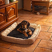 Avana a rejoint le concours — aidez-le/la à gagner de superbes lots ! puppy, dog, dog_bed, indoor, tile_floor, wooden_furniture, living_room, pet, cute, cozy, brown_puppy, black_and_tan, flooring, table, cabinet, relaxing, small_dog, home_interior, domestic_animal, pet_bed